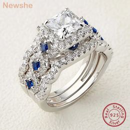 she 3 Pcs Wedding Rings Set for Women 925 Silver 2.6Ct Princess Cut White Blue AAAAA CZ Luxury Bridal Engagement Jewelry 240119