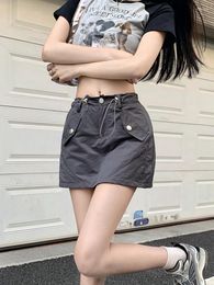 Skirts Cargo Skirt Short Women Summer Y2k Harajuku Drawstring Pocket Vintage High Waist Slim Mini Korean Style Streetwear Fald