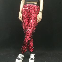 Stage Wear Silver Red Shiny Laser Mirror Long Pants Bar Jazz Dance Hip Hop Singer Dancer Costume Women Elastic Harem Casual Trousers