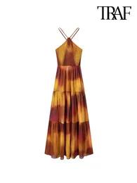 Casual Dresses TRAF Women Fashion With Tied Tie-dye Print Halterneck Midi Dress Sexy Backless Thin Straps Female Vestidos