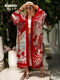 Women's Swimwear Beach Outing Cover Ups Kimono Robe Maxi Dresses Women 2024 Cardigan Beachwear Clothes Leaf Printed Summer Dress
