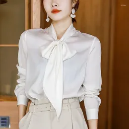 Women's Blouses 2024 Spring And Autumn Luxury Exquisite Simulation Silk Ribbon Bow Knot Drop Commuter Simple Solid Colour Shirt