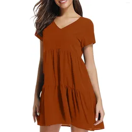 Casual Dresses Women'S Solid Color V Neck Dress Elegant Party For Women Short Sleeves Ruffle Hem Flowy Loose Mini