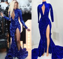 2024 Sexy Royal Blue Prom Dresses High Neck Keyhole Sequined Lace Sequins Sparkly Mermaid Side Split Long Sleeves Evening Dress Prom Gowns Floor Length