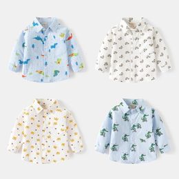 Весенне-осенняя детская рубашка для мальчиков, хлопковые детские рубашки с рисунком динозавра и медведя для маленьких детей, детские рубашки с отложным воротником 240122