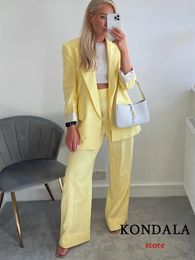 KONDALA Office Lady Solid Yellow Cotton Linen Women Blazers V Neck Pockets Loose Long Jackets Fashion Elegant Female Blazer 240130