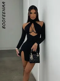 Casual Dresses BOOFEENAA Sexy Hollow Out Cross Halter Long Sleeve Mini For Women Black Club Outfits Slit Bodycon Dress C96-CD25