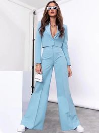 Spring Elegant Short Top Pant Sets Women Lapel Long Sleeve Button Crop Tops Female 2 Piece Pink Set Wide Leg Pants Outfit 240129