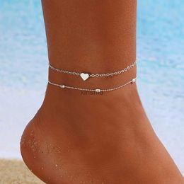 Anklets Vintage Fashion Simple Heart Female Anklets Silver Colour Beaded Chain Foot Bracelet on Leg Ankle Anklet for Women Charms Jewellery YQ240208