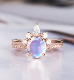 Moonstone Engagement Ring Rose Gold 925 Silver Eternity Bridal Set Antique Curved Half Halo CZ Stone Band Wedding Jewelry7402156