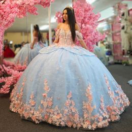 Sky Blue Quinceanera Dress Off Shoulder Pink Flower Applique Floral Lace Beading Tull Ball Gown Corset Sweet 16 Vestidos De 15 Anos