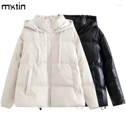 Women's Trench Coats Women Winter Vintage Faux Leather Loose Hooded Pockets Cotton Jackets Fashion Warm Thick PU Parkas Oversize Female