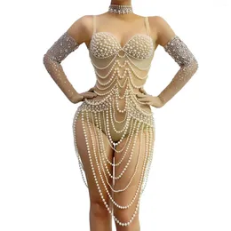 Stage Wear Sexy Fashion Luxury See Through Pearls Bodysuit Birthday Gowns With Gloves Black Girl Prom Po Shoot Dress 2024 Saiban