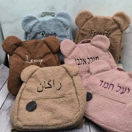 Personalized Hebrew Name Cute Bear Pattern Backpack Plush Toddler for Women Girls Custom Small Casual Shoulder Daypack 240130