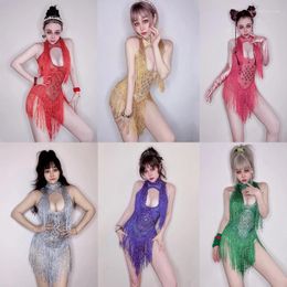 Stage Wear 6 Colours Shing Rhinestones Transparent Bodysuit Sexy Fringed Stretch Outfit Birthday Celebrate Gogo Dancer Costume 6064