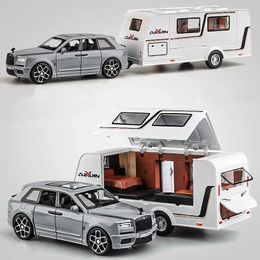 132 Alloy Trailer RV Truck Car Model Diecast Metal Recreational Offroad Vehicle Camper Sound and Light Kids Toy Gift 240131