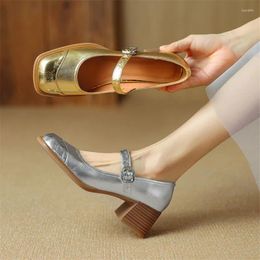 Dress Shoes Spring Cow Leather Women Square Toe Pumps Fashion Retro Mary Jane For High Heels Casual Ladies