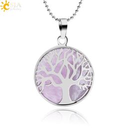 CSJA Natural Round Stone Kabbalah Tree of Life Pendant Necklaces Rose Quartz White Crystal Lapis Lazuli Tiger Eye Amethyst Necklac3652787