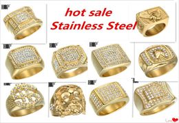 Micro Pave Rhinestone Iced Out Bling Hexagonal Ring IP Gold Filled Titanium Stainless Steel Rings for Men Jewelry1932047
