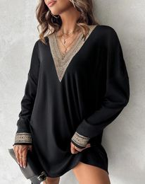 Casual Dresses Vintage Women's Dress 2024 Summer Cotton Linen Lace Trim V-Neck Long Sleeve Loose Solid Pullover Oversize Y2K Mini