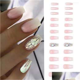 False Nails 24Pcs Detachable Fl Er Diy Ballerina Fake Long French Crystal Drop Delivery Health Beauty Nail Art Salon Otdbc