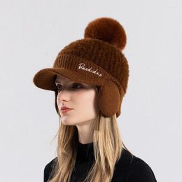 Berets Women'S Winter Cap With Ear Muffs Knit Cute Pompom Baseball Casual Fashion Bomber Hats
