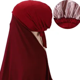 Ethnic Clothing Fashion Malaysian Headscarf Caps Solid Colour Muslim Women Instant Hijab With Satin Lined Scarf Islamic Veil Headband Femme