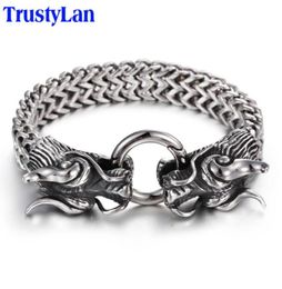 Trustylan Vintage Stainless Steel Men Bracelet Cool Double Dragon Head Male Jewelry Accessory Cool Mens Bangle Wristband 225mm Y199515252