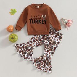 Clothing Sets 2024-07-28 Lioraitiin 0-5Years Baby Girl 2Pcs Thanksgiving Outfits Long Sleeve Sweatshirt Turkey Flare Pants Set