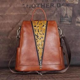 School Bags Vintage Genuine Leather Backpack Women 2024 Summer First Layer Cowhide Travel Handmade Real Cow Double Shoulder Bag