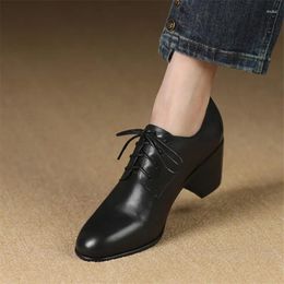 Dress Shoes Spring Genuine Leather Women Round Toe Pumps For High Heel Chunky Zapatos Mujer Loafers