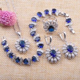 Necklace Earrings Set Royal Blue Sapphire 925 Sterling Silver Jewellery For Women Bracelet Hoop Pendant Ring YZ089