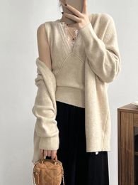 Women's Knits QOERLIN Women Two-Piece Vest & Cardigans Lace Sexy Sets 2024 Korean Fashion Grey Black Quality 2 Piece Sweater Knitted Tops