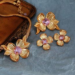 Stud Earrings Vintage Pink Crystal Flower Pendant Necklace For Women Jewelry Runway Party T Show Fancy Trendy Boho INS Japan