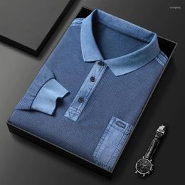 Men's Polos Autumn/Winter Solid Color Versatile Long Sleeve POLO Shirt Underlay Denim Texture