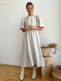 Party Dresses Clacive Summer Loose Brown Linen Women'S Dress Fashion O-Neck Short Sleeve Midi Elegant High Waist Backless Female