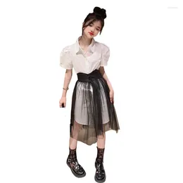 Clothing Sets Summer Girls Clothes Suit 2024 Long Style Shirt Dress Detachable Mesh Skirt Thin Two Pieces Set Short Sleeve Children Outfits