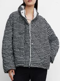 Women's Down 2024 Autumn And Winter Products Simple Casual Plaid Tweed Stand-up Collar Pocket Zipper Cotton Jacket