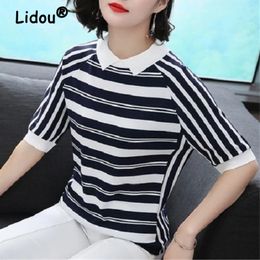 Women's Clothing 2023 Summer Korean Fashion Striped Elegant Knitted Tshirts Short Sleeve Slim Pullover Knit Top Camisetas Mujer 240124