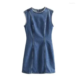 Casual Dresses YENKYE Winter Women Frayed O Neck Sleeveless Denim Dress Back Zipper Female Blue Mini Vestidos