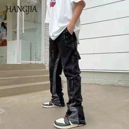 Vintage Streetwear Alevlenmiş Kot Pantolon Hip Hop Sıçraması Mürekkep Geniş Bacak Jean Tulumları Moda Retro Patchwork 240127