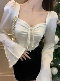 Women's Blouses White Crop Top Women Vintage Fashion Lace Female Elegant Chic Long Sleeve Shirt Ladies Sweet Slim Blusas Ropa Mujer