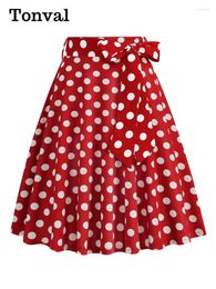 Skirts Tonval High Waist Polka Dot Print Belted Flare Swing Skirt For Women 2024 In Rockabilly Pinup Vintage Clothes