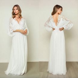 Arabia A Line Wedding Dress V Neck Lace Appliques Long Sleeve Bride Dresses Sweep Train Backless Boho Bridal Gowns 0510