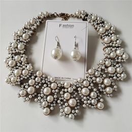 ZA Fashion Imitation Pearls Necklace Earrings Women Jewelry Sets Indian Crystal Large Collar Statement Choker 240125