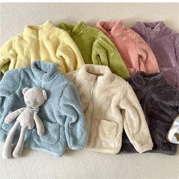 Jackets 2024 Winter Children Long Sleeve Warm Plush Coat Solid Baby Girl Fleece Jacket Cotton Kids Boys Casual Plus Velvet