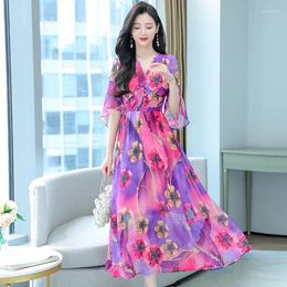 Casual Dresses Floral Chiffon Flare Sleeves Bohemian Beach Dress Women's Leisure Party Evening Summer Elegant And Unique Long Style E422