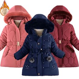 Thick Keep Warm Winter Girls Jacket Detachable Hat Plush Collar Hooded Padded Lining Coat For Kids Children Birthday Present 240122