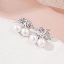 Stud Earrings Natural Freshwater Pearl 6mm Cherry Plated 925 Silver Embellished With Zirconia Simple And Lovely Jewellery