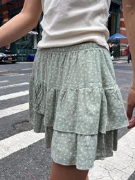 Skirts Vintage Green Floral Pleated Cute Fairycore High Waist Summer Chiffon Mini Women Sweet Balletcore